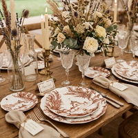 Maßgefertigtes Vintage Braunes Landschafts-Keramik-Tellerset Französischer Toile De Jouy Stil Porzellangeschirr Hochzeit Hotel Tischdekoration