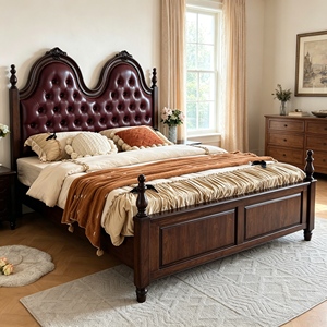 Traditional Mahogany Wood Bed with Genuine Leather Upholstered Headboard Queen Size Storage Bed Soft Bed Design - Product Image 1