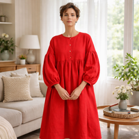 Robe ample à manches longues en lin rouge sur mesure pour femmes, décontractée, élégante et tendance
