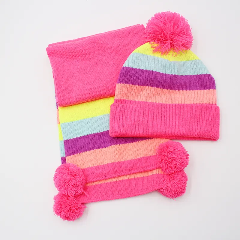 Mode Regenboog Warme Thermische Winter Muts Gebreide Muts En Sjaal Set Baby Mutsen Sjaals Voor Meisjes