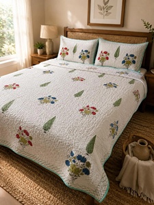 100% Hand Block Printed Cotton Quilt <b>Set</b> Floral Quilted Bedcover with Pillow Covers Lightweight King Boho <b>Comforter</b> - Product Image 5