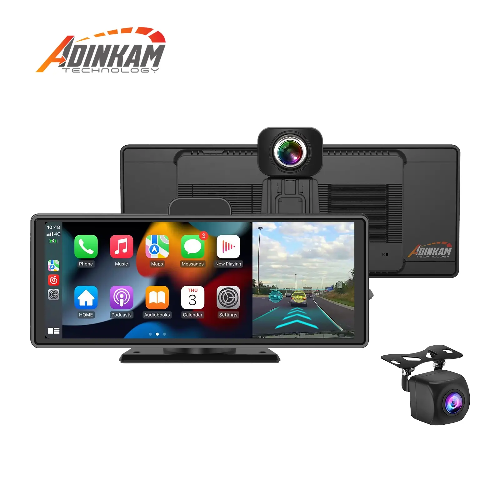 ADINKAM 10.26" Wireless Carplay Android Auto H.265 ADAS AUX 4K Dash Cam Front and Rear Portable Car Stereo