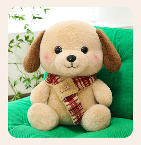 Peluche chien aux oreilles tombantes, avec écharpe à carreaux rouge et blanc, chiot en peluche beige sable, jouet compagnon de sommeil, jouets en peluche doux aux grandes oreilles, OEM - Product Image 6