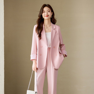 Women's Pink Suit Set Polyester Satin Three Quarter Sleeve Anti-Wrinkle Office Lady Spring 2024 - Product Image 1
