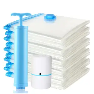 Custom Printing Travel Plastic Clothing Vacuum Flat Space Saver Vacuum Storage Bag With Inflator Pump Vacuum Storage Bags