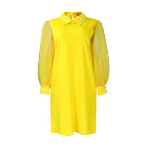 इसके अलावा, आकार के सुरुचिपूर्ण टर्न-डाउन कॉलर कैजुअल घुटने की लंबाई वाली पोशाक पहने महिला पैचवर्क बेडेड शिफ्ट मेष पोशाक पीले सफेद काला ओरांग - Product Image 6