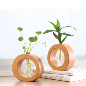 Jarrón hidropónico de madera de haya maciza, mesa redonda de material natural para decoración de sala de estar y sala de té - Product Image 1