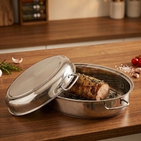 Plat à rôtir ovale en acier inoxydable pour dinde avec couvercle et fond encapsulé pour four et cuisinière à induction