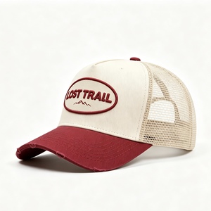 Custom Vintage Distressed Trucker Hat Oval Woven <b>Patch</b> 5 Panel Breathable Mesh <b>Back</b> Two Tone Baseball Cap For Outdoor Daily Use - Product Image 3