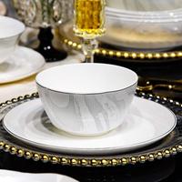 Service de table de luxe en porcelaine fine à bordure argentée, motif marbré, vaisselle en céramique pour mariage et réceptions à domicile
