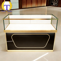 Vitrine à bijoux LED commerciale HongTai, base en aluminium noir, cadre doré, verre trempé robuste et écologique, pour centres commerciaux