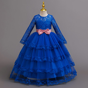 Robe de bal en dentelle bleue pour filles, avec nœud rose, manches longues, jupe en tulle, pour fête d'anniversaire, spectacle sur scène - Product Image 1
