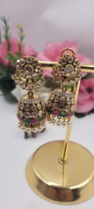 Luxury Handcrafted Kundan Polki Jhumka <b>Earrings</b> set with <b>Emerald</b> Ruby Accents & Pearl Drops Gold Plated Bridal Ethnic <b>Earrings</b> - Product Image 2