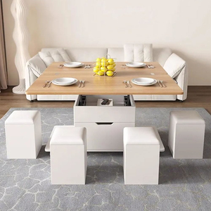 Muebles Modernos para Sala de Estar, Mesa de Centro Cuadrada Multifuncional Extensible, Mesa de Café Plegable de Madera con Almacenamiento y Taburetes - Product Image 2