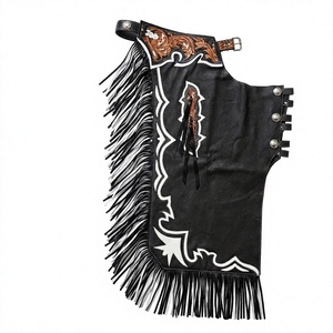 Chaps de Rodeo Professionnels Unisexe en Cuir Tressé Taille Haute pour la Rodeo - Longueur Intégrale, Noir et Blanc, avec Empiècement Floral et Franges 500g - Product Image 1