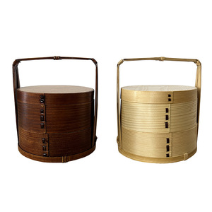 Japanese Style Double Layer Wooden <b>Lunch</b> <b>Box</b> Cylinder Stackable Portable Food Grade Material Natural Lacquer Color - Product Image 1