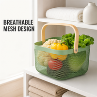 Jouet de bain de cuisine multifonction organisateur de fleurs de fruits panier de rangement en treillis métallique avec poignée en bois