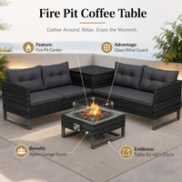 Ensemble de meubles d'extérieur en rotin de luxe, 4 pièces, ensemble de patio avec table de foyer au propane et protection en verre pour terrasse arrière-cour