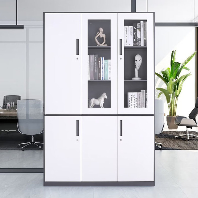 Modern Lockable File Cabinet with Glass Doors for Adjustable Document Storage in Workshops Offices Schools Warehouses