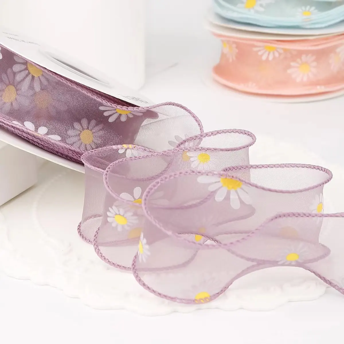 Heye Vervaardigt Mooie Daisy Offset Print Organza Gestikt Lint Perfect Voor Geschenkverpakking