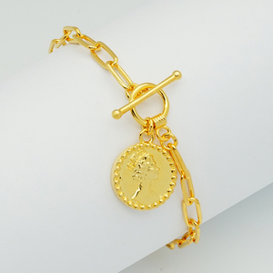 Exquisita Pulsera de Eslabones Tipo Clip con Moneda de Retrato en Oro Sólido de 9K/14K/18K, Cadena Elegante con Medallón para Joyería de Lujo Diaria - Product Image 4