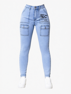 Jean skinny pour femme, taille haute, longueur intégrale, denim délavé, avec poches, style vintage, pour le printemps - Product Image 1