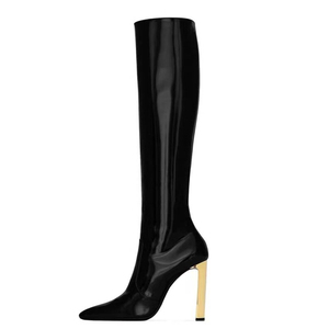 Gold Metal Chunky Heels Long Boots New Trendy Solid Square Toe Women's Knee High Boots Custom Matte Patent <b>Shoes</b> - Product Image 6