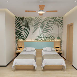 ชุดเฟอร์นิเจอร์ห้องนอนโรงแรมแบบทวินทันสมัยราคาประหยัดพร้อมโครงเตียงไม้สีอ่อน หัวเตียงหุ้มเบาะ และโต๊ะข้างเตียง - Product Image 1