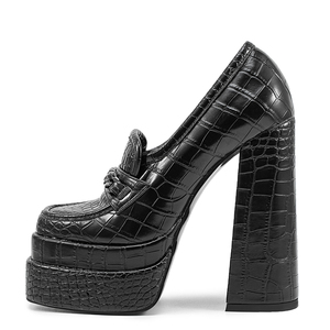 Sandales à talons épais et hauts pour femme, grande taille 45, imprimé serpent, coupe large, avec chaîne décorative, double plateforme, bout carré - Product Image 1