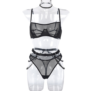 Ensemble de Lingerie Sexy pour femmes mûres, transparent, maille Perspective, coupe ajustée, chaîne quatre pièces, sous-vêtements 2022 - Product Image 5