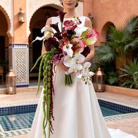 M995 Kaskadierender Tropischer Hochzeitsstrauß Dunkelviolette Calla-Lilie Weiße Orchidee Rosa Anthurium Hängender Amaranth Brautstrauß