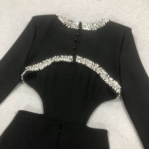 Yüksek kalite kadınlar konfeksiyon üreticisi siyah Rhinestone kesme kulübü abiye uzun kollu Maxi parti resmi elbise - Product Image 6