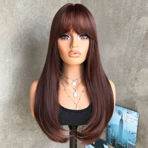 Perruques longues et droites personnalisables en gros, brun foncé, rouge bordeaux avec frange pour femmes, perruque synthétique dégradée à raie centrale, résistante à la chaleur - Product Image 1