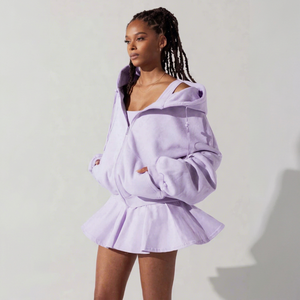 Ensemble sweat à capuche zippé oversize lavande pour femme, jupe à volants, tenue décontractée trois pièces en polaire respirante à manches longues pour l'hiver - Product Image 1