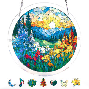 Rompecabezas de acrílico DIY de vitral floral con paisaje de floración al amanecer y mar, atrapasueños para ventana, adorno colgante. - Product Image 3