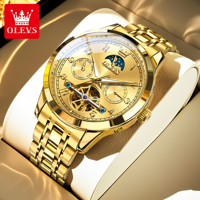 OLEVS 7071 Golden Mechanical Men's Watch Fashion Business Hollow Out Tourbillon Stainless Steel Strap Automatic Luminous Watches