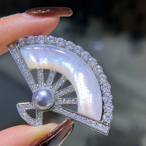 Broche en forme d'éventail avec perle de culture Akoya <span class=keywords><strong>Madama</strong></span> de 8-9 mm, entièrement pavée, style vintage, pour manteau, écharpe, bijou - Product Image 4