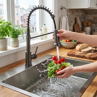 Robinet de cuisine moderne en acier inoxydable 304 à poignée unique et douchette extractible, à montage sur plan.
