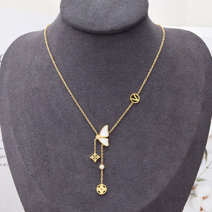 韩版白贝壳蝴蝶珍珠项链不锈钢空心长流苏吊坠项链女 - Product Image 3