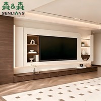 Mueble de TV Moderno Curvo de Lujo con Acabado Mate, Mueble Multimedia Integrado con Retroiluminación LED y Consola con Textura de Nogal