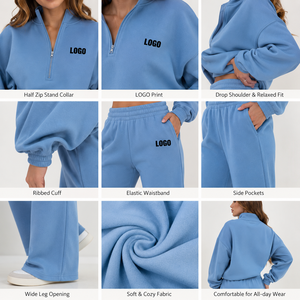 Ensemble 2 pièces en molleton de coton OEKO-TEX pour femme : sweat-shirt demi-zip et pantalon large – Fabrication OEM, logo personnalisé, faible MOQ, vente en gros - Product Image 3