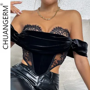 Chuangerm Oem Velvet Spliced Floral Embroidery Black Lace corset Nightclub Backless Fishbone corset de mujer