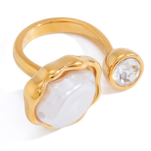 Anillo de Perlas con Baño de Oro de 18K y Bisel de Acero Inoxidable, Joyería de Uso Diario para Mujer, Forma Geométrica, Origen Yiwu - Product Image 5