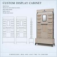 Vitrine de présentation de bijoux double face avec cadre métallique, structure en bois et surface mélaminée, miroir, présentoir de vente au détail