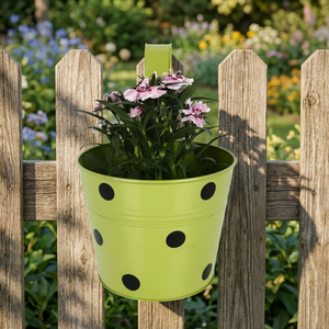 Pot suspendu en métal vert avec trous circulaires pour fleurs et plantes vertes, design moderne minimaliste, finition thermolaquée - Product Image 4