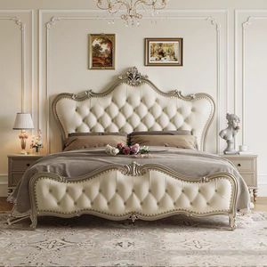 Cama Tapizada de Estilo Francés de 1.8 m, Estructura de Cama de Madera Tamaño Queen con Cabecera Acolchada, Muebles de Dormitorio Principal de Lujo - Product Image 1
