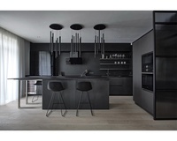 Design moderne d'armoires de cuisine murales en panneaux résistants à l'eau, couleur noir mat, avec îlot central