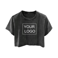 T-shirt court en coton personnalisé pour femme, style décontracté, délavé à l'acide, broderie rétro, imprimé, coupe courte au nombril, vente en gros