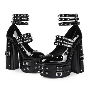 Gothic Spiked Platform Mary Jane <strong>Heels</strong> Black Patent Leather <strong>Ankle</strong> <strong>Strap</strong> Rivet Chunky <strong>Block</strong> High <strong>Heel</strong> Shoes Party Footwear - Product Image 3