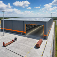 Centre d'activités industrielles à structure métallique à toit à pignon, avec poteau central et gouttière longitudinale, complexe d'entrepôts d'usine à deux niveaux